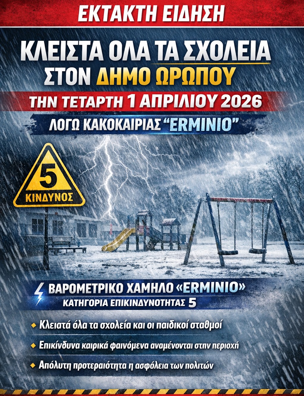 Κλειστά όλα τα σχολεία στον Δήμο Ωρωπού την Τετάρτη λόγω κακοκαιρίας «ERMINIO»